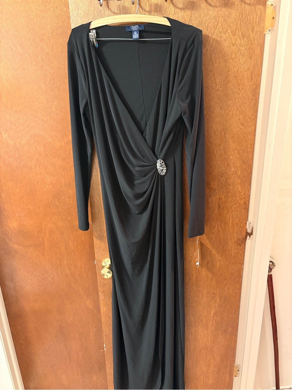 Chaps Black Long-Sleeve Draped V-Neck Evening Gown with Brooch Accent